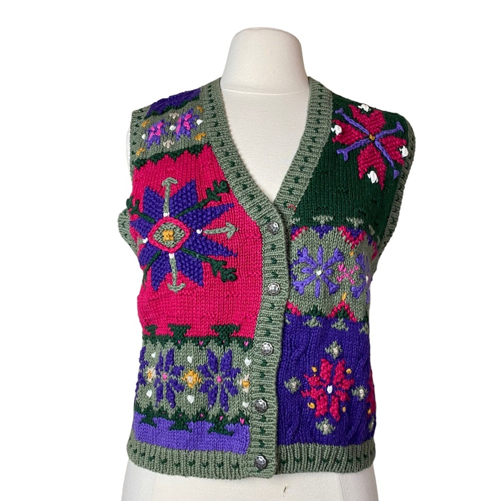 Portraits By Northern Isles Sweater Vest Hand Knitted Floral Stripe Size Small
